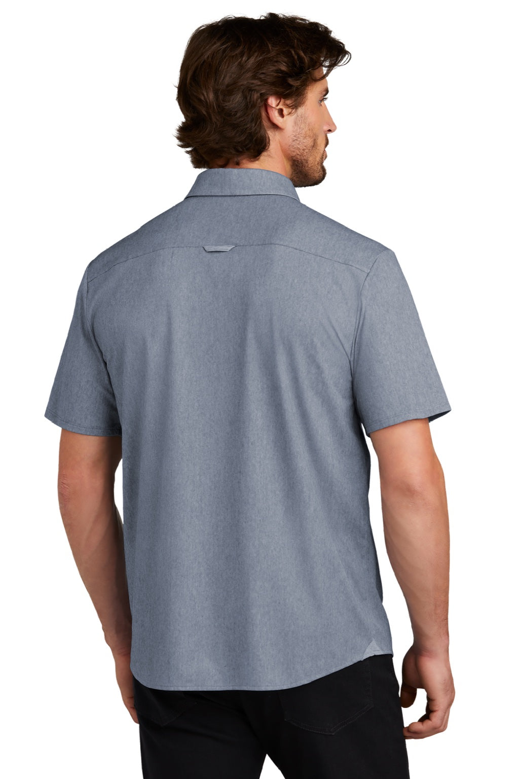 Ogio OG160 Mens Extend Short Sleeve Button Down Shirt w/ Pocket Heather Deep Blue Model Back