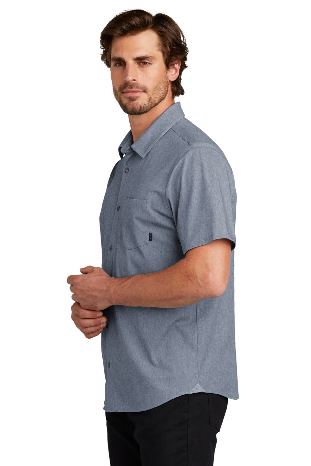 Ogio OG160 Mens Extend Short Sleeve Button Down Shirt w/ Pocket Heather Deep Blue Model Side