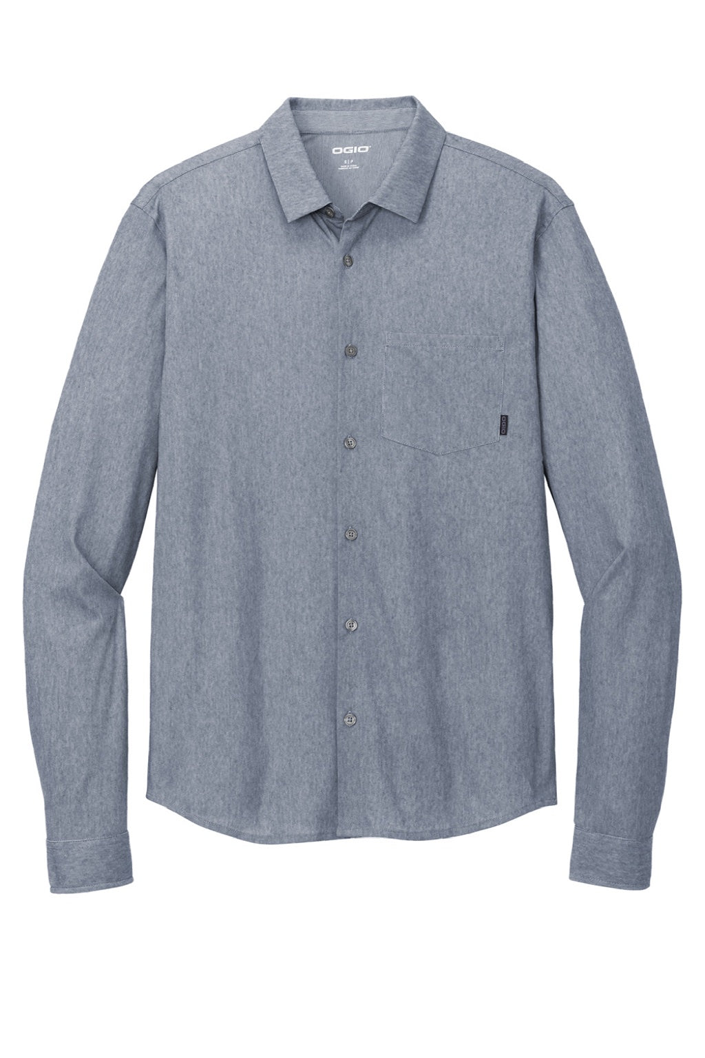 Ogio OG161 Mens Extend Long Sleeve Button Down Shirt w/ Pocket Heather Deep Blue Flat Front