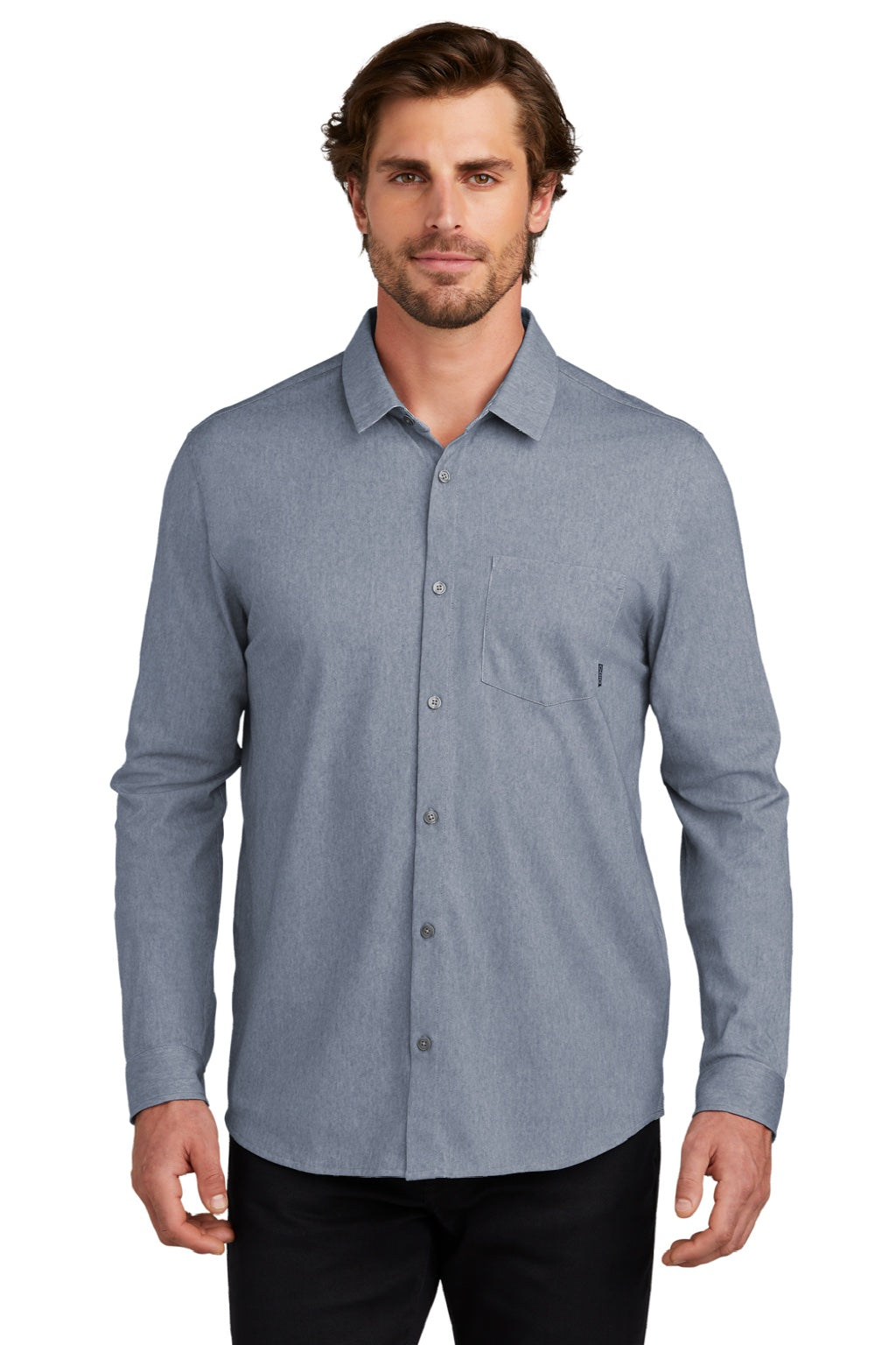 Ogio OG161 Mens Extend Long Sleeve Button Down Shirt w/ Pocket Heather Deep Blue Model Front