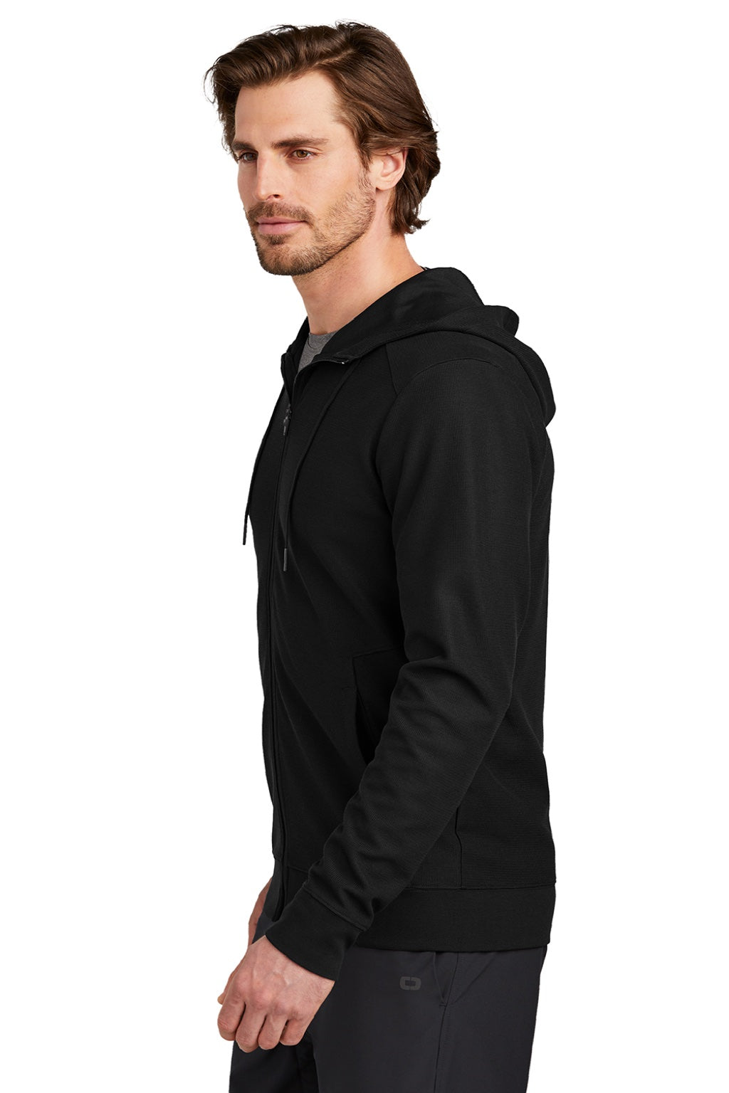 Ogio OG162 Mens Revive Full Zip Hooded Sweatshirt Hoodie w/ Pockets Blacktop Model Side