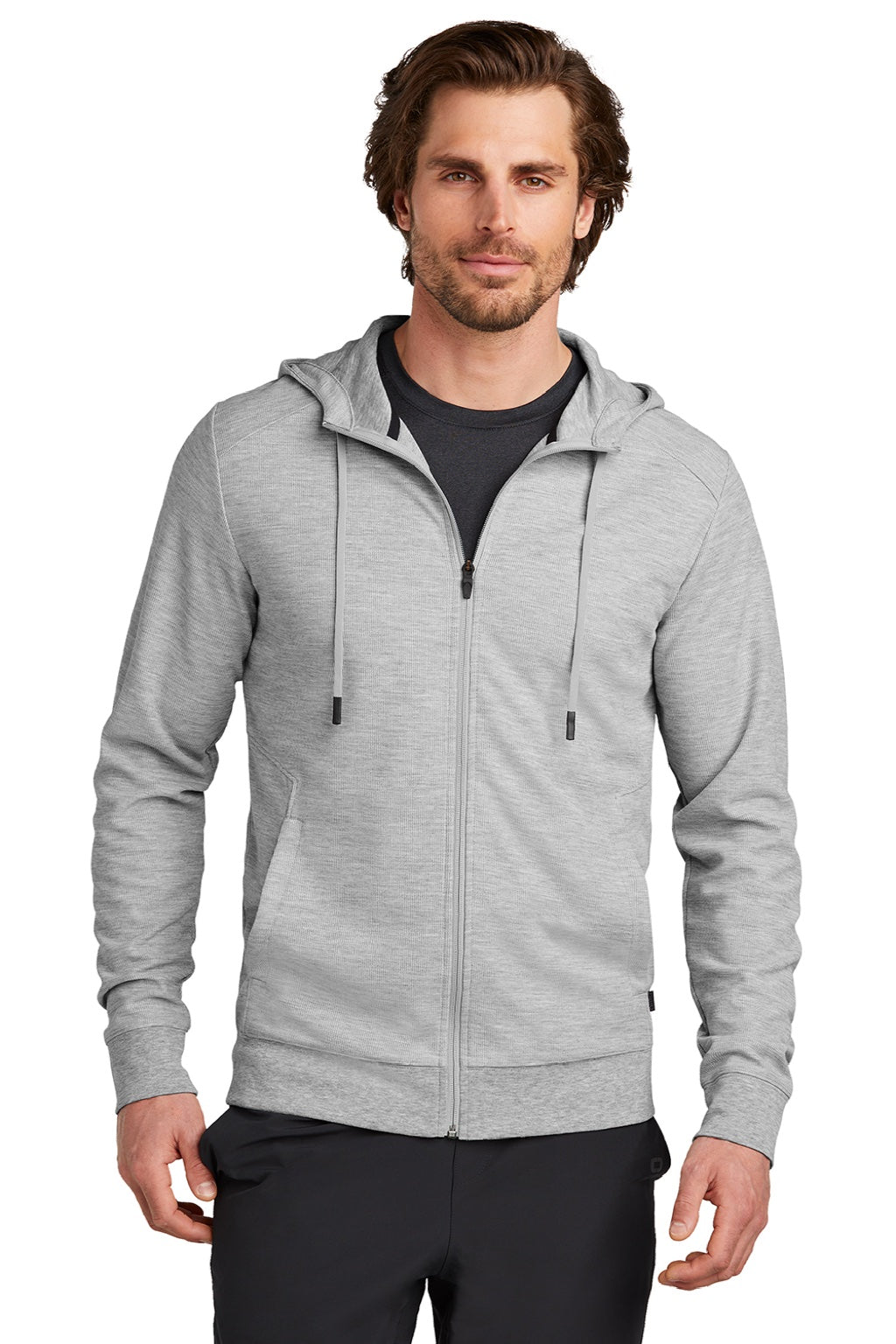 Ogio OG162 Mens Revive Full Zip Hooded Sweatshirt Hoodie w/ Pockets Heather Light Grey Model Front