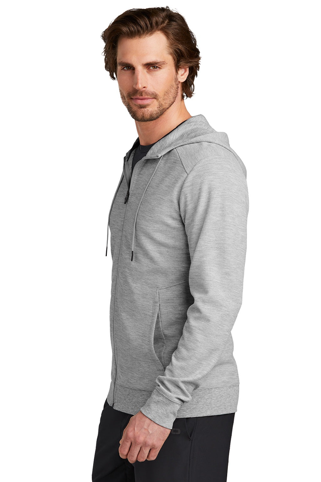 Ogio OG162 Mens Revive Full Zip Hooded Sweatshirt Hoodie w/ Pockets Heather Light Grey Model Side
