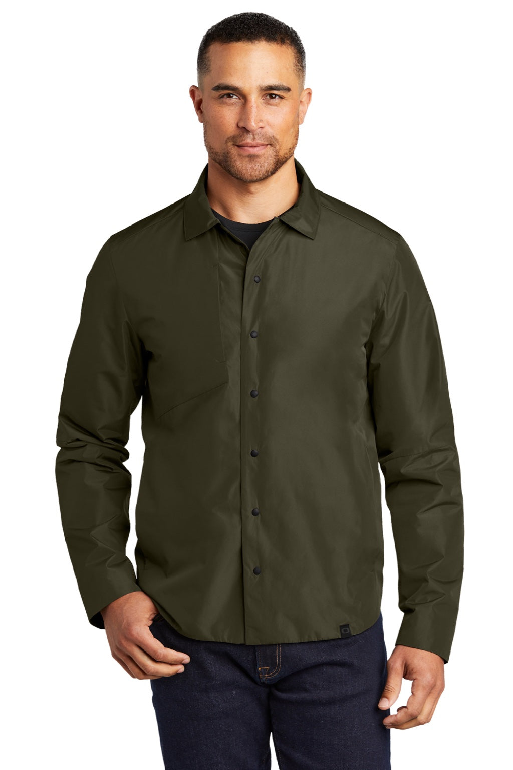 Ogio OG754 Mens Water Resistant Reverse Button Down Shirt Jacket Drive Green Model Front