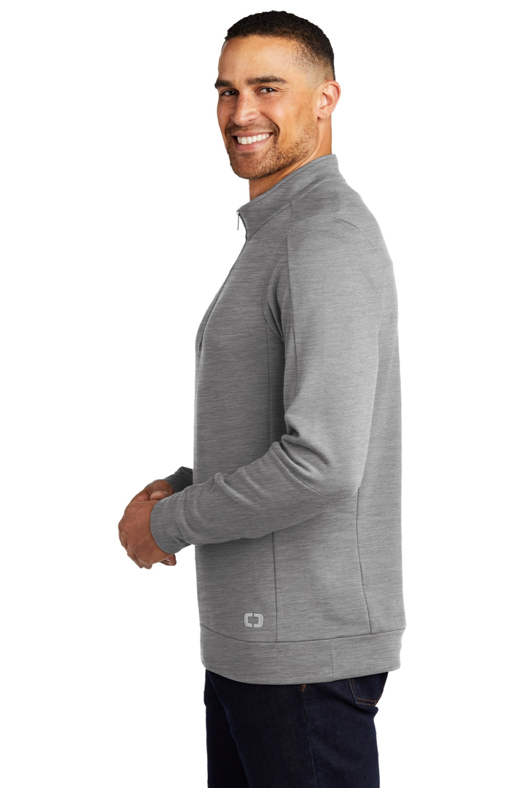 Ogio OG813 Mens Luuma Fleece 1/4 Zip Sweatshirt Heather Petrol Grey Model Side
