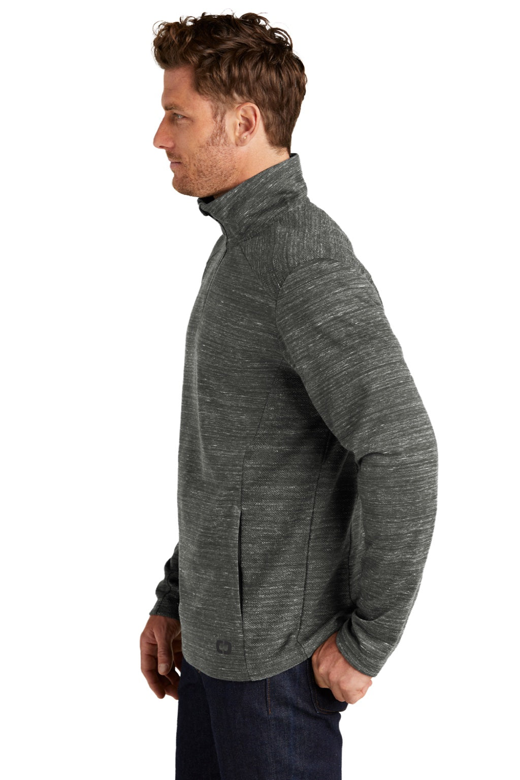 Ogio OG823 Mens Flux 1/4 Zip Sweatshirt w/ Pockets Heather Tarmac Grey Model Side