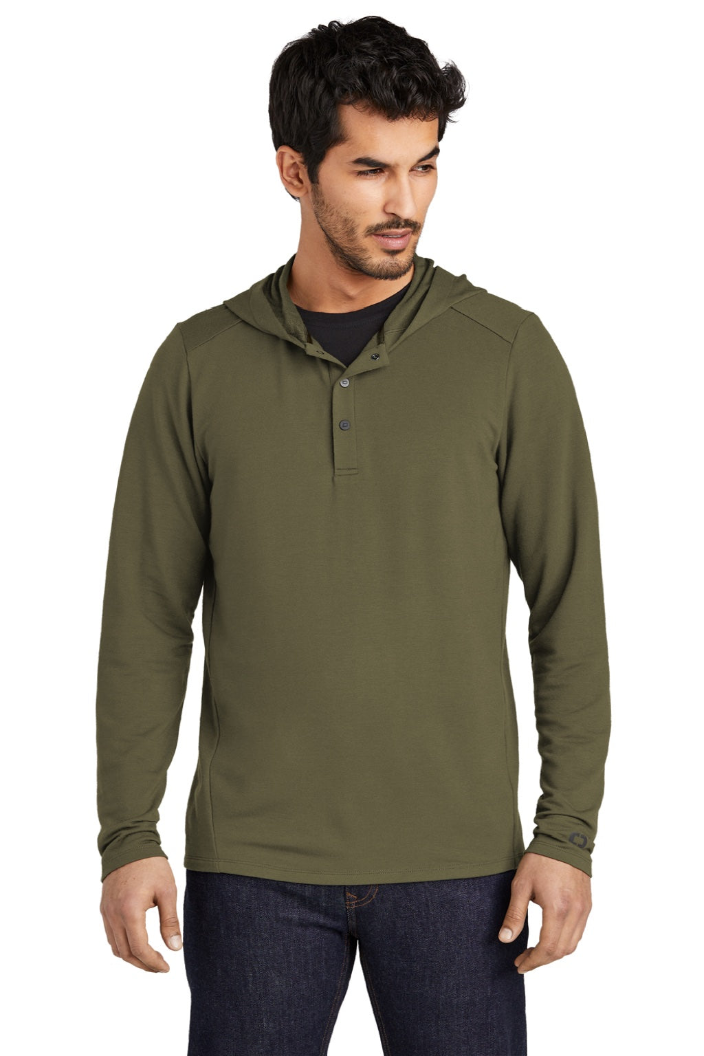 Ogio OG826 Mens Luuma Flex Hooded Long Sleeve Henley Deep Olive Green Model Front