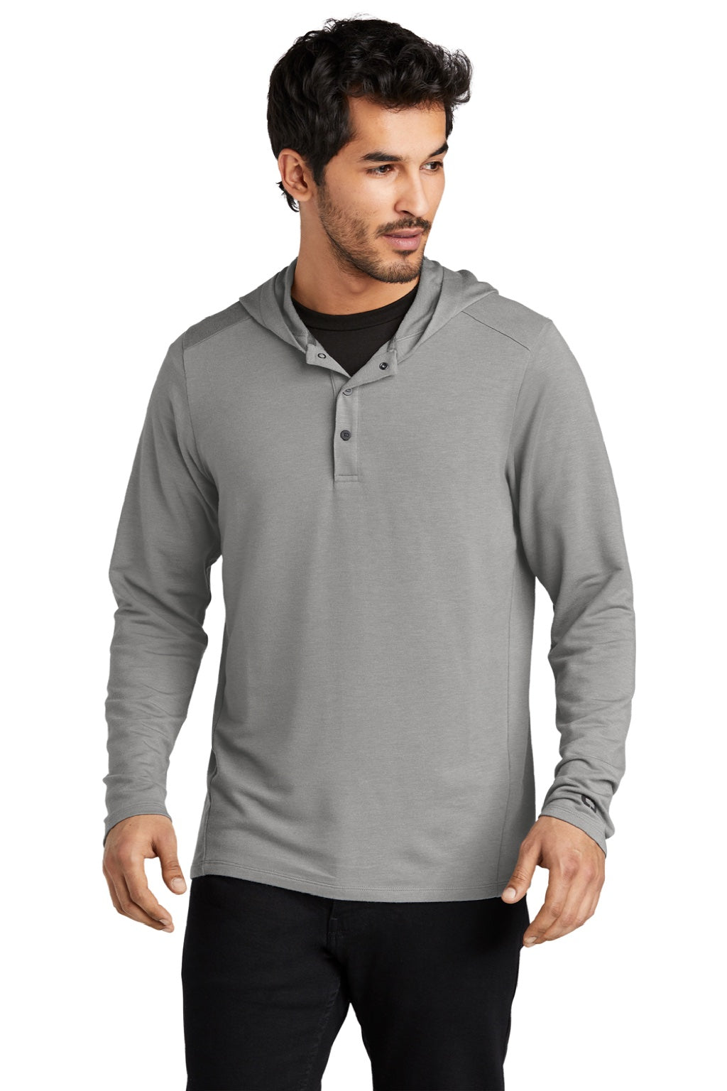 Ogio OG826 Mens Luuma Flex Hooded Long Sleeve Henley Heather Petrol Grey Model Front