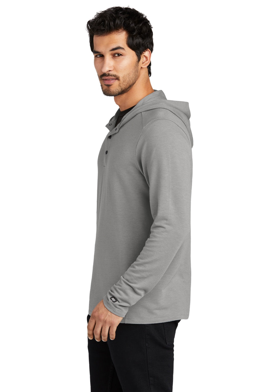 Ogio OG826 Mens Luuma Flex Hooded Long Sleeve Henley Heather Petrol Grey Model Side