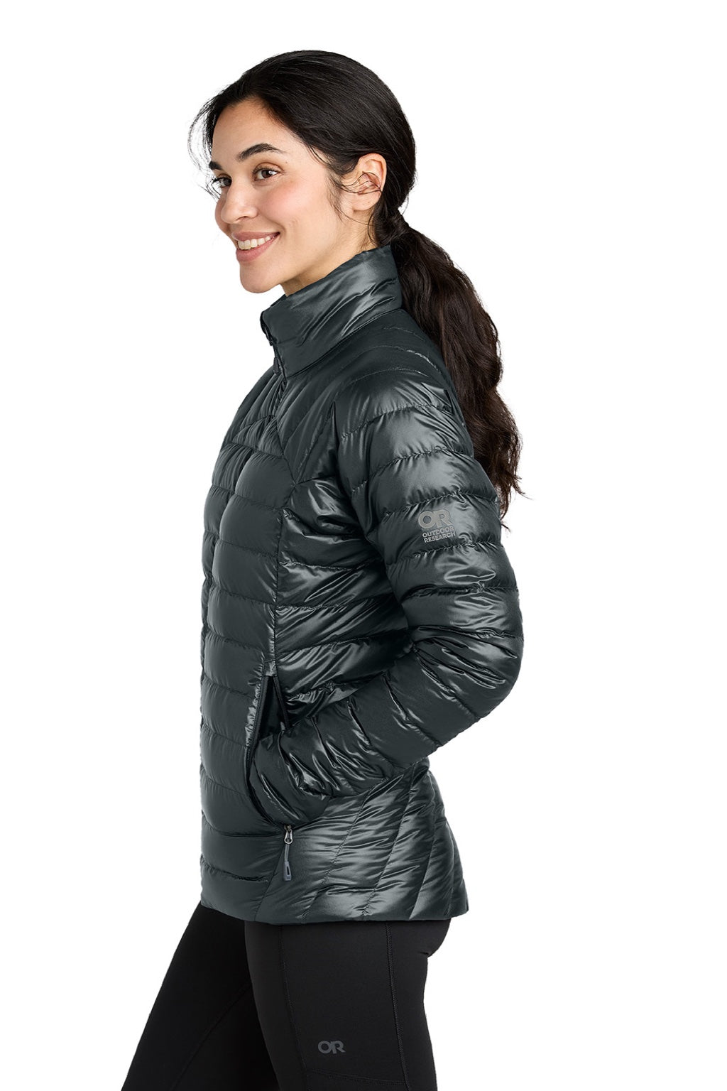 Outdoor Research OR322229 Womens 800 Tech Down Filled Full Zip Jacket Black Model Side