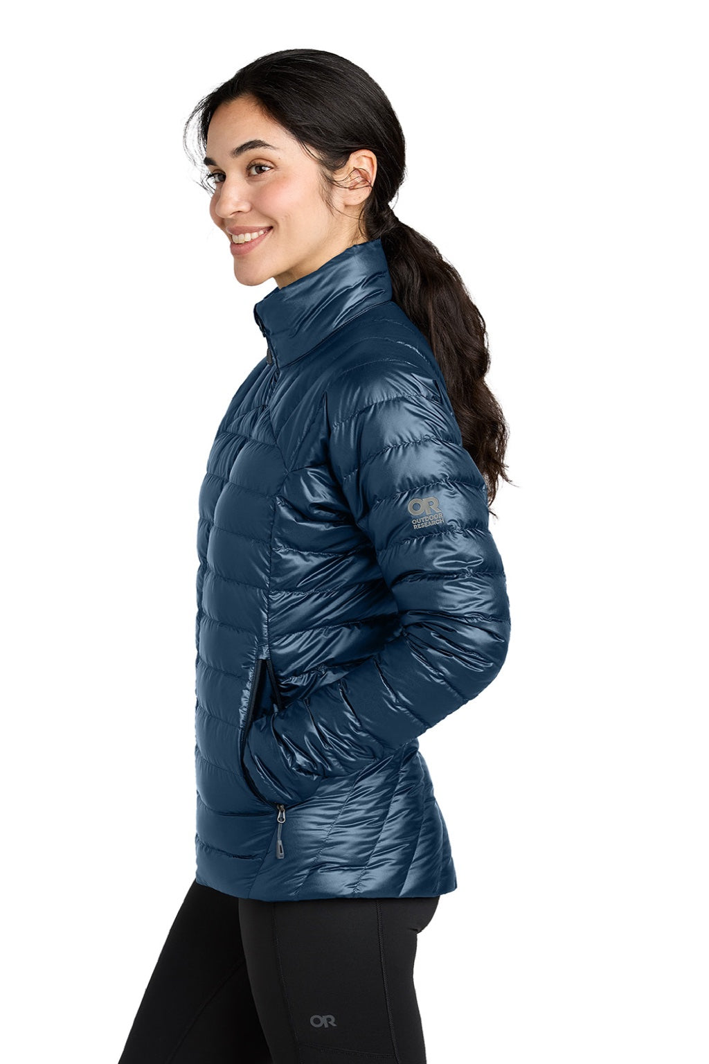 Outdoor Research OR322229 Womens 800 Tech Down Filled Full Zip Jacket Naval Blue Model Side