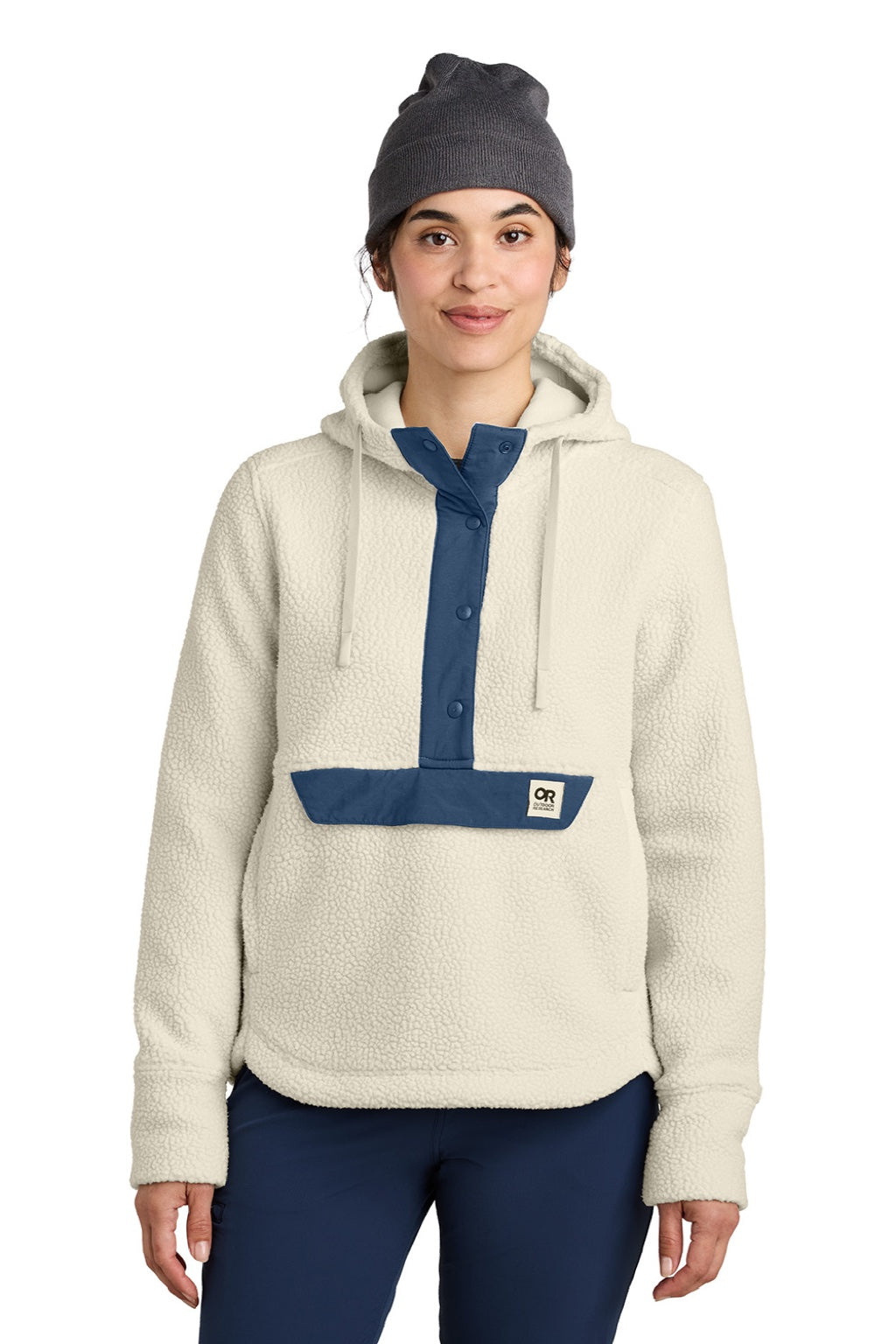 Outdoor Research OR322268 Womens Packwood Fleece Hooded Sweatshirt Hoodie Oat/Navy Blue Model Front