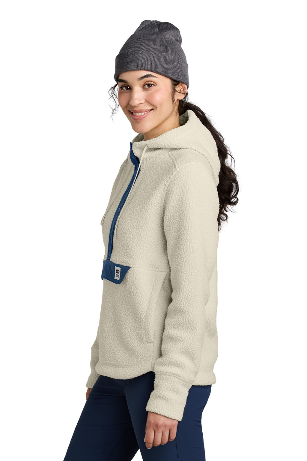 Outdoor Research OR322268 Womens Packwood Fleece Hooded Sweatshirt Hoodie Oat/Navy Blue Model Side