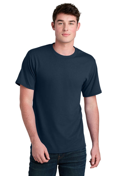 Port & Company PC01 Mens Core Blend Recycled Short Sleeve Crewneck T-Shirt Navy Blue Model Front