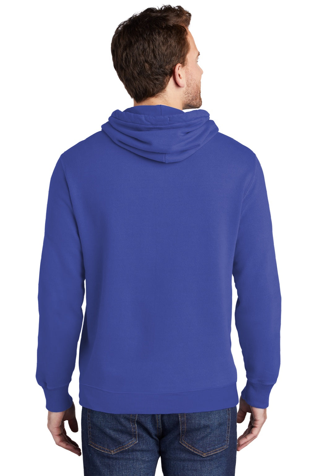 Port & Company PC098H Mens Beach Wash Fleece Hooded Sweatshirt Hoodie w/ Pouch Pocket Iris Blue Model Back