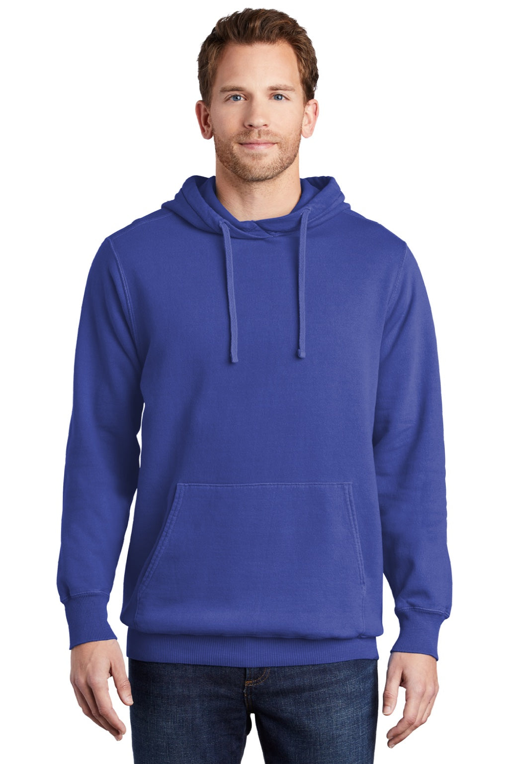 Port & Company PC098H Mens Beach Wash Fleece Hooded Sweatshirt Hoodie w/ Pouch Pocket Iris Blue Model Front