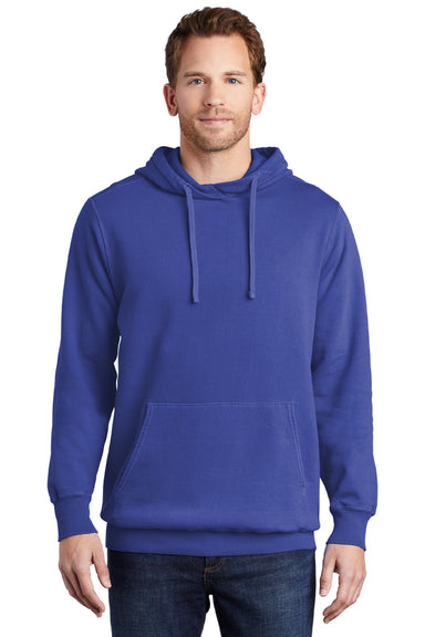 Port & Company PC098H Mens Beach Wash Fleece Hooded Sweatshirt Hoodie w/ Pouch Pocket Iris Blue Model Front