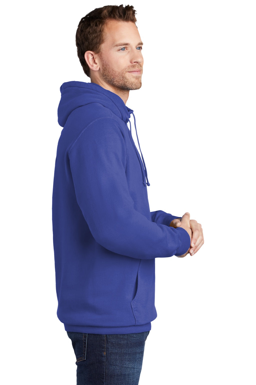 Port & Company PC098H Mens Beach Wash Fleece Hooded Sweatshirt Hoodie w/ Pouch Pocket Iris Blue Model Side