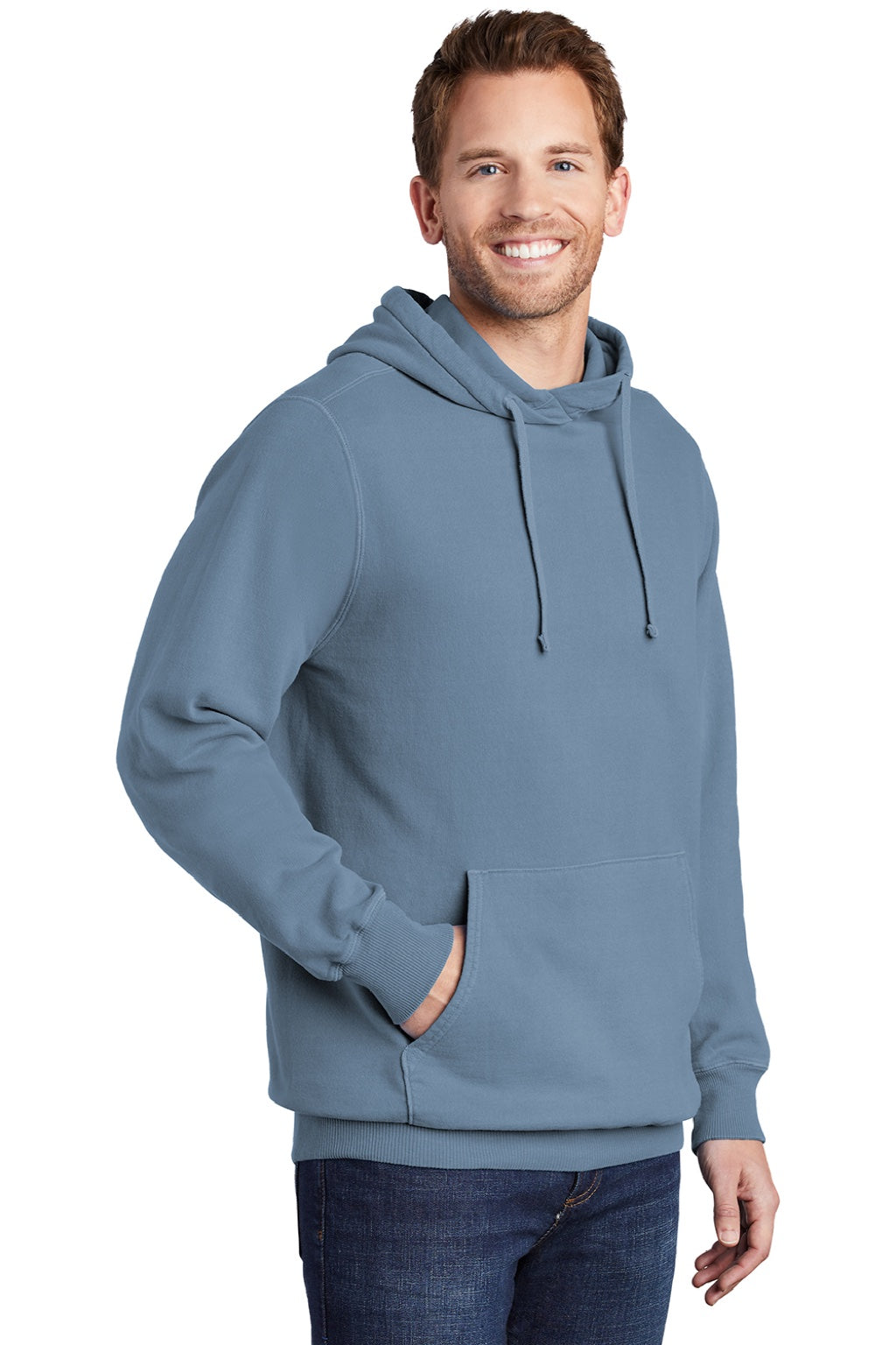 Port & Company PC098H Mens Beach Wash Fleece Hooded Sweatshirt Hoodie w/ Pouch Pocket Denim Blue Model 3q