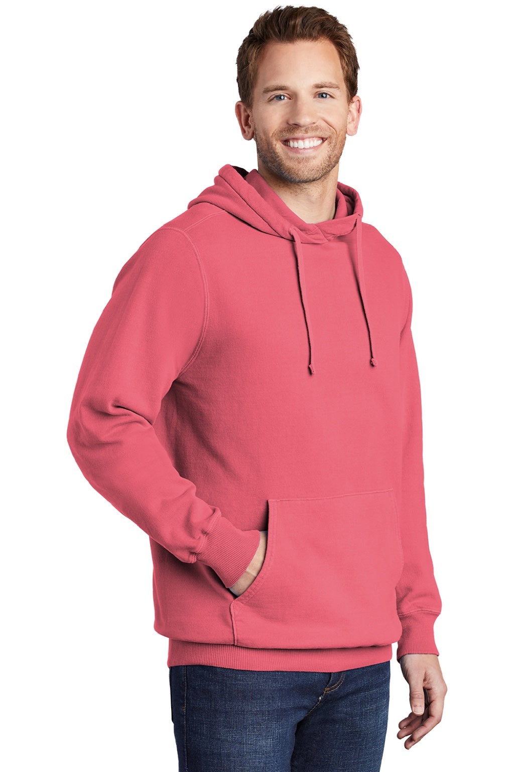Port & Company PC098H Mens Beach Wash Fleece Hooded Sweatshirt Hoodie w/ Pouch Pocket Fruit Punch Pink Model 3q
