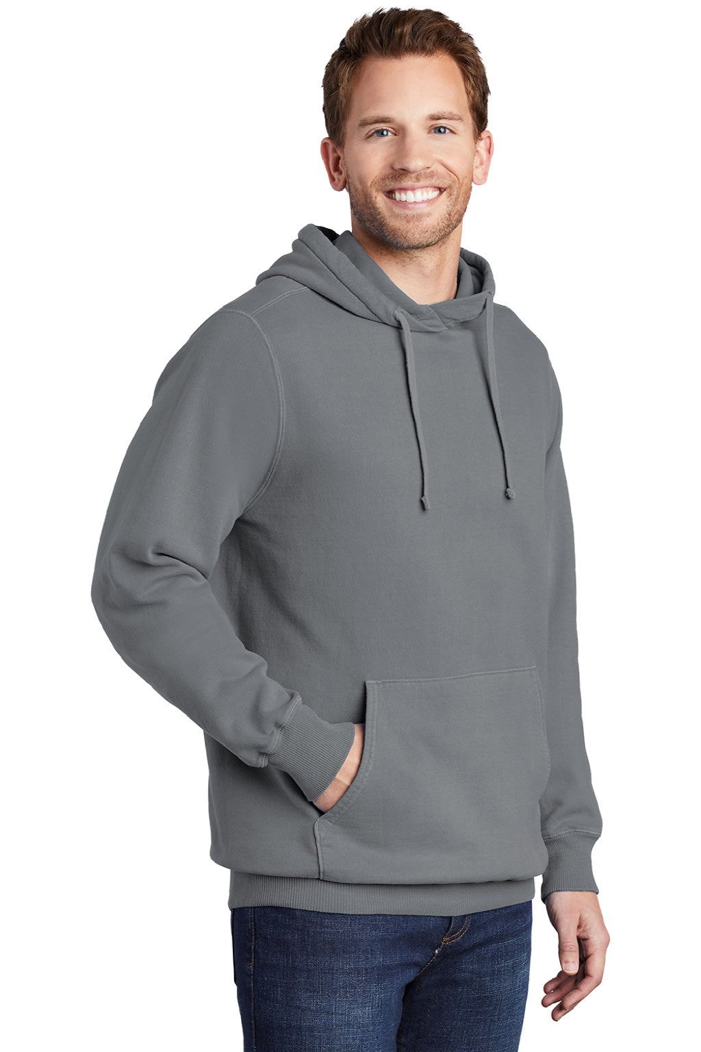 Port & Company PC098H Mens Beach Wash Fleece Hooded Sweatshirt Hoodie w/ Pouch Pocket Pewter Grey Model 3q
