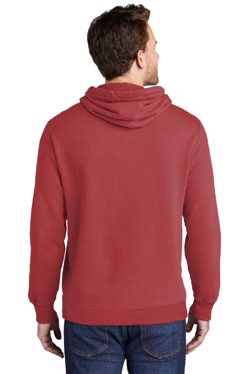 Port & Company PC098H Mens Beach Wash Fleece Hooded Sweatshirt Hoodie w/ Pouch Pocket Rock Red Model Back