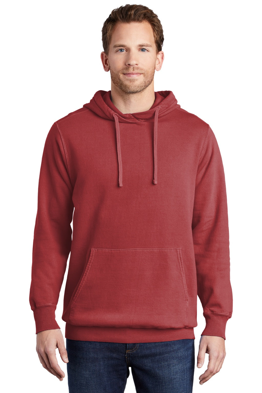 Port & Company PC098H Mens Beach Wash Fleece Hooded Sweatshirt Hoodie w/ Pouch Pocket Rock Red Model Front