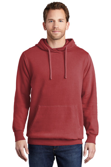 Port & Company PC098H Mens Beach Wash Fleece Hooded Sweatshirt Hoodie w/ Pouch Pocket Rock Red Model Front
