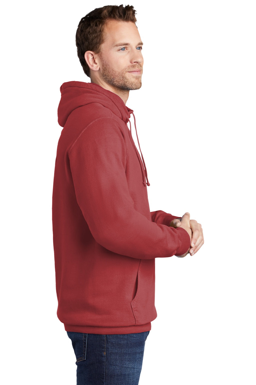 Port & Company PC098H Mens Beach Wash Fleece Hooded Sweatshirt Hoodie w/ Pouch Pocket Rock Red Model Side