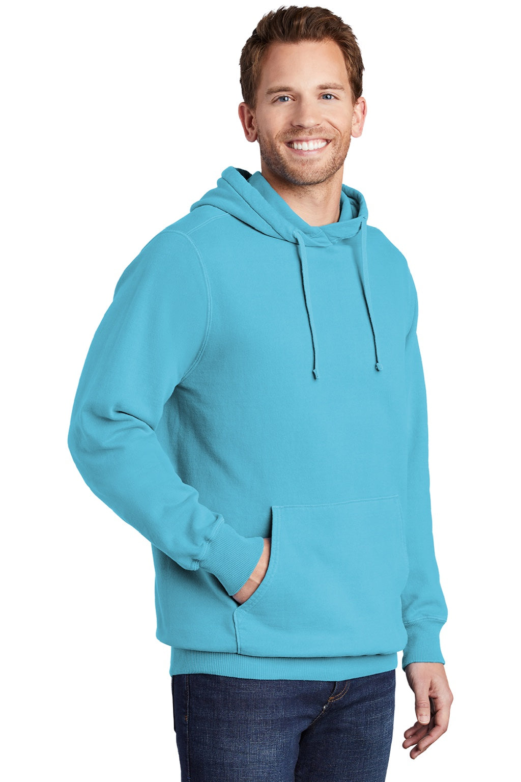 Port & Company PC098H Mens Beach Wash Fleece Hooded Sweatshirt Hoodie w/ Pouch Pocket Tidal Wave Blue Model 3q