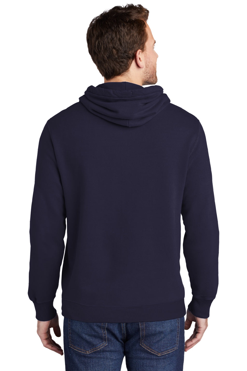 Port & Company PC098H Mens Beach Wash Fleece Hooded Sweatshirt Hoodie w/ Pouch Pocket True Navy Blue Model Back