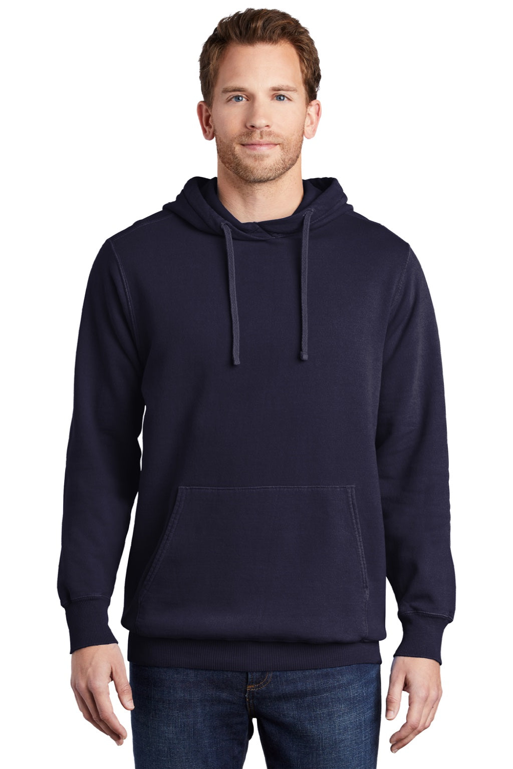 Port & Company PC098H Mens Beach Wash Fleece Hooded Sweatshirt Hoodie w/ Pouch Pocket True Navy Blue Model Front
