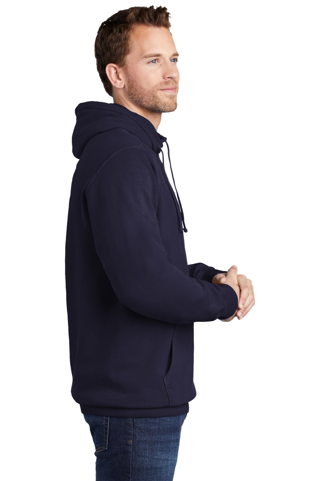Port & Company PC098H Mens Beach Wash Fleece Hooded Sweatshirt Hoodie w/ Pouch Pocket True Navy Blue Model Side
