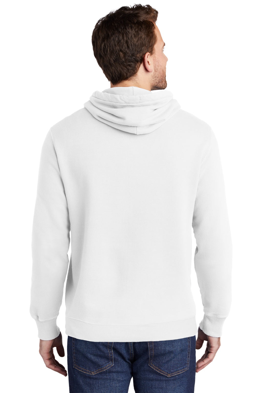 Port & Company PC098H Mens Beach Wash Fleece Hooded Sweatshirt Hoodie w/ Pouch Pocket White Model Back
