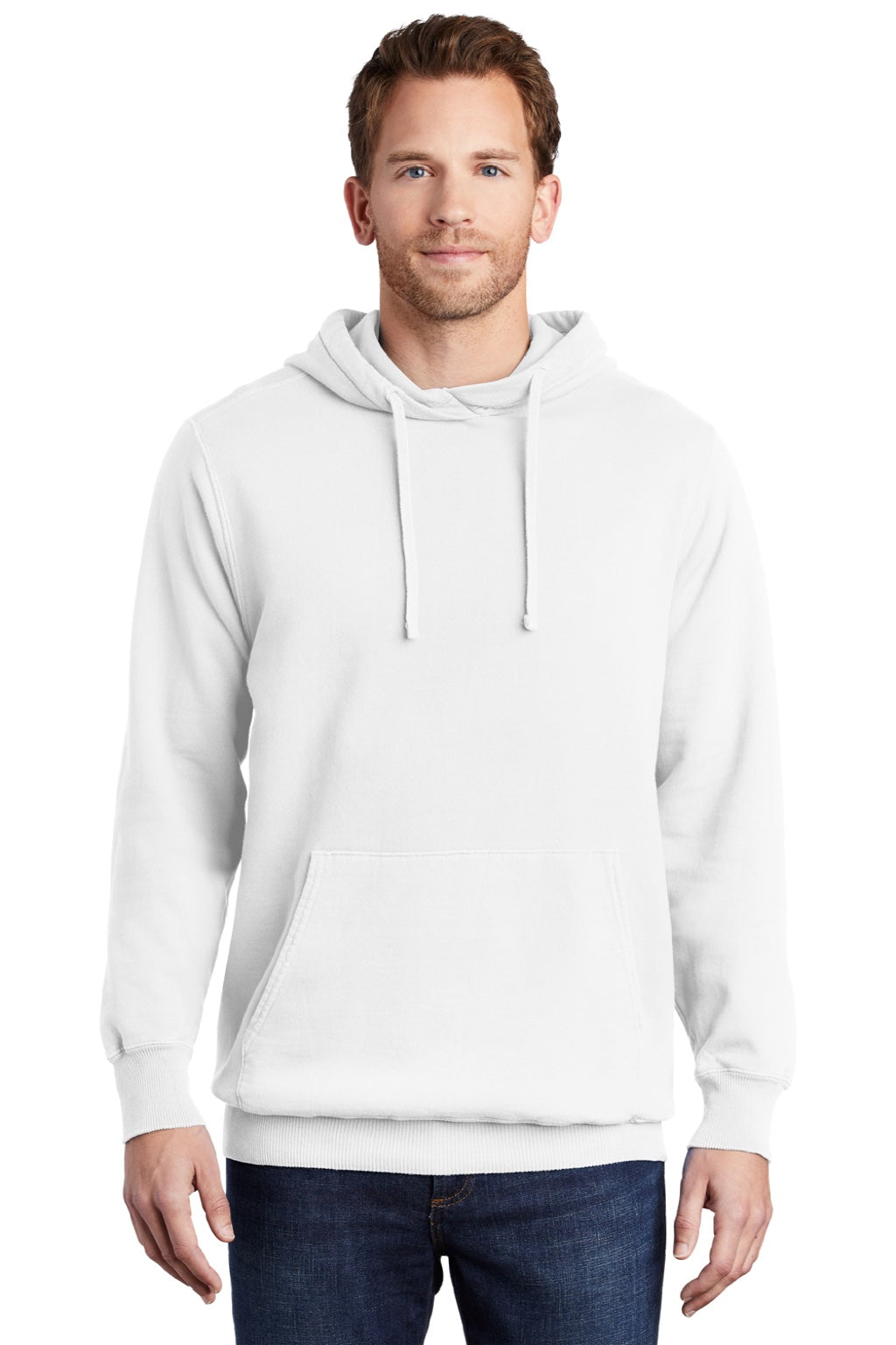 Port & Company PC098H Mens Beach Wash Fleece Hooded Sweatshirt Hoodie w/ Pouch Pocket White Model Front
