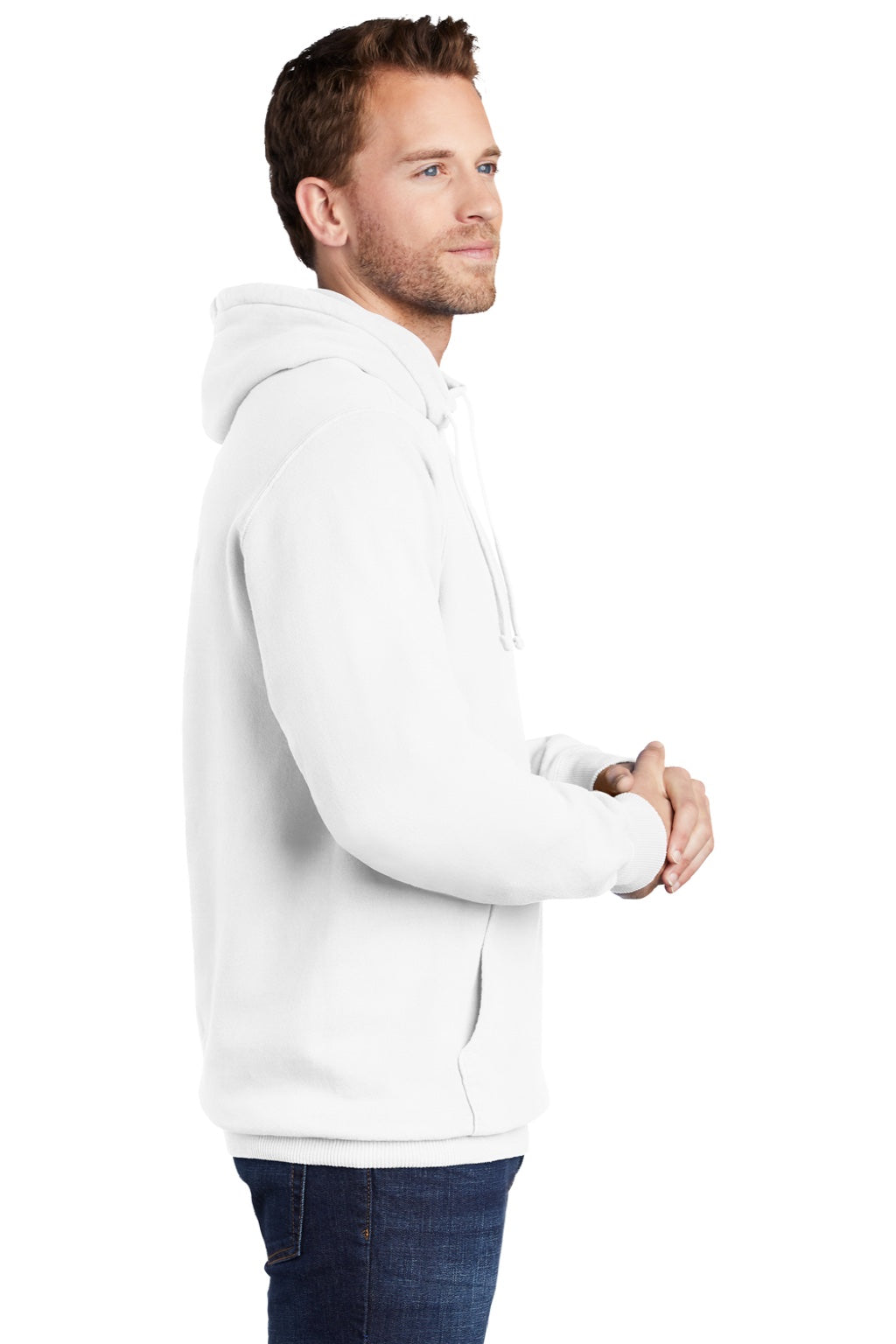 Port & Company PC098H Mens Beach Wash Fleece Hooded Sweatshirt Hoodie w/ Pouch Pocket White Model Side