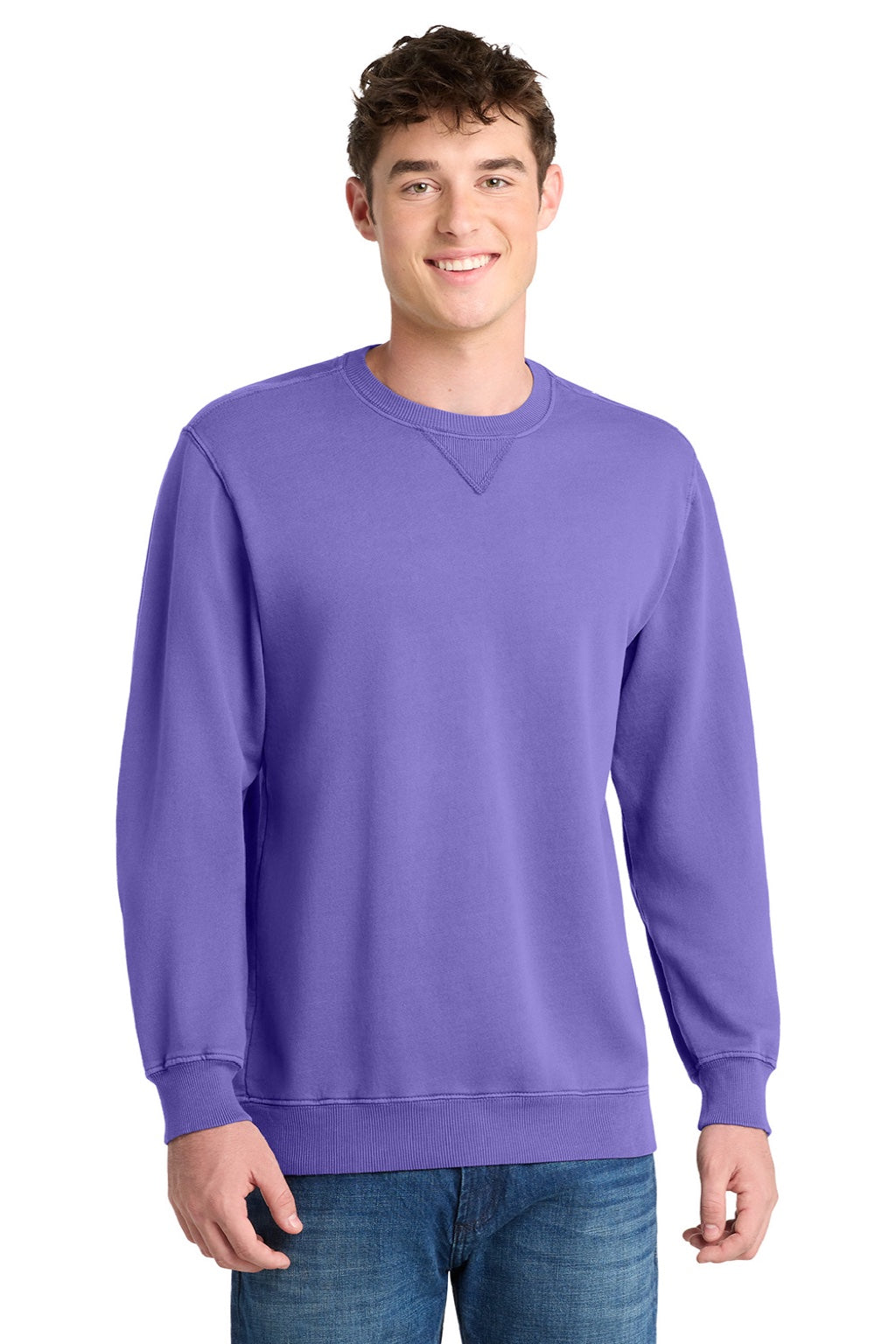 Port & Company PC098 Mens Beach Wash Fleece Crewneck Sweatshirt Amethyst Purple Model Front