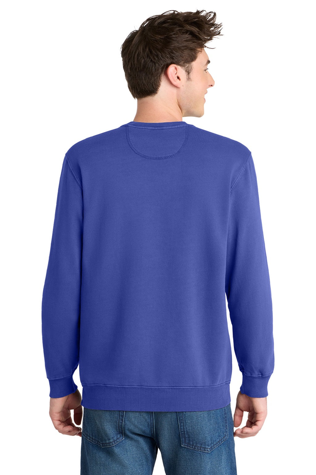 Port & Company PC098 Mens Beach Wash Fleece Crewneck Sweatshirt Iris Blue Model Back