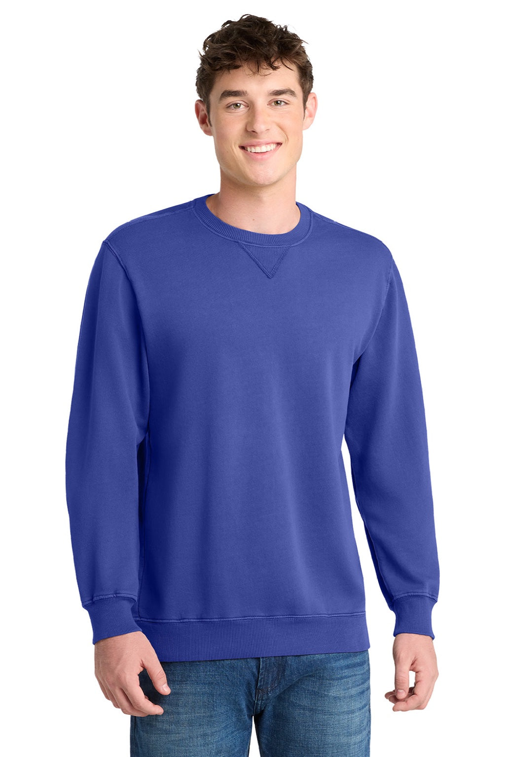 Port & Company PC098 Mens Beach Wash Fleece Crewneck Sweatshirt Iris Blue Model Front
