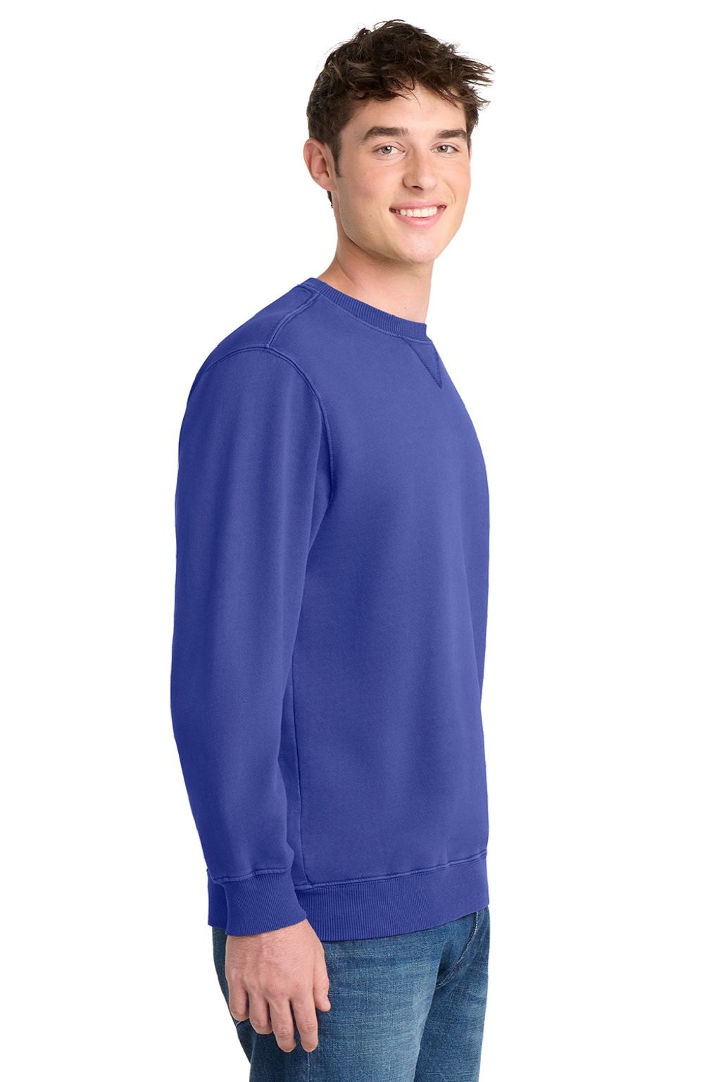 Port & Company PC098 Mens Beach Wash Fleece Crewneck Sweatshirt Iris Blue Model Side