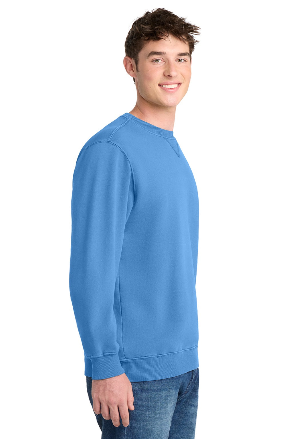 Port & Company PC098 Mens Beach Wash Fleece Crewneck Sweatshirt Blue Moon Model Side