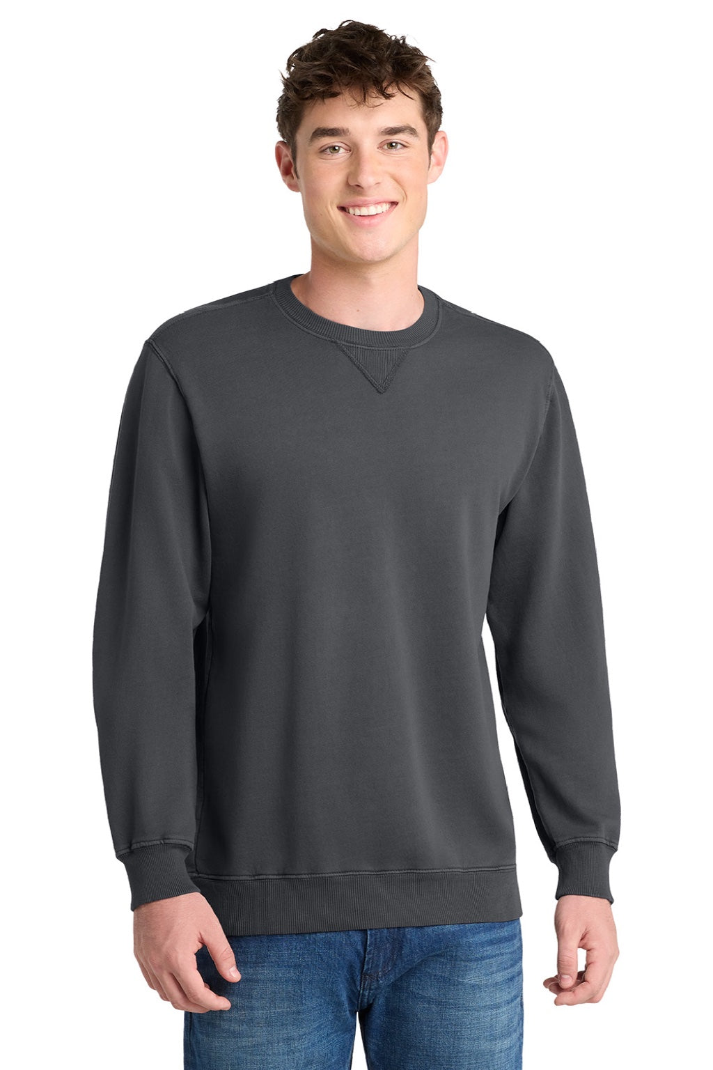 Port & Company PC098 Mens Beach Wash Fleece Crewneck Sweatshirt Coal Grey Model Front