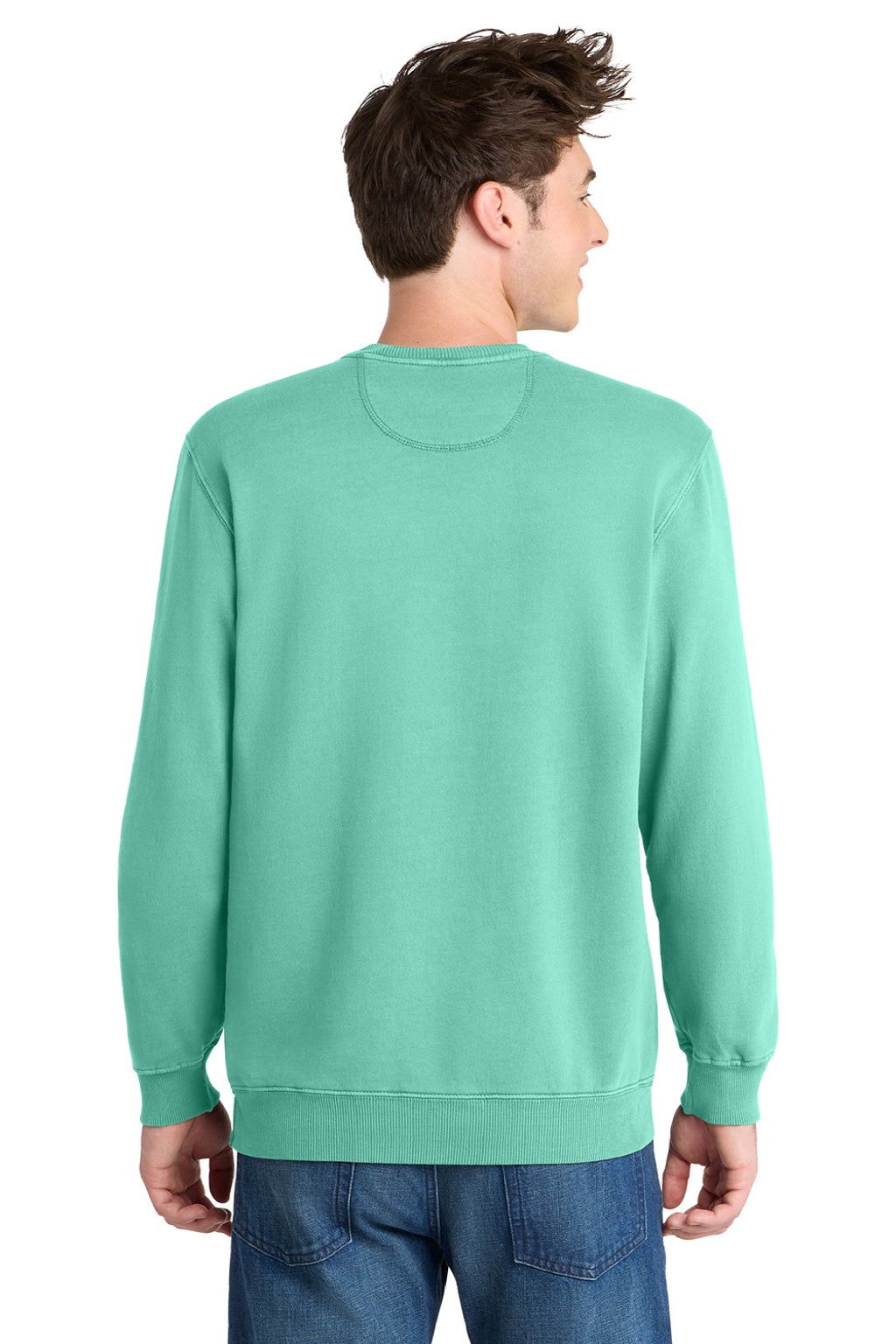 Port & Company PC098 Mens Beach Wash Fleece Crewneck Sweatshirt Cool Mint Green Model Back