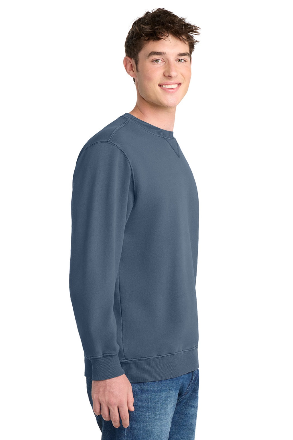 Port & Company PC098 Mens Beach Wash Fleece Crewneck Sweatshirt Denim Blue Model Side