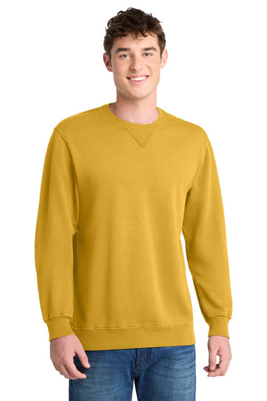 Port & Company PC098 Mens Beach Wash Fleece Crewneck Sweatshirt Dijon Yellow Model Front