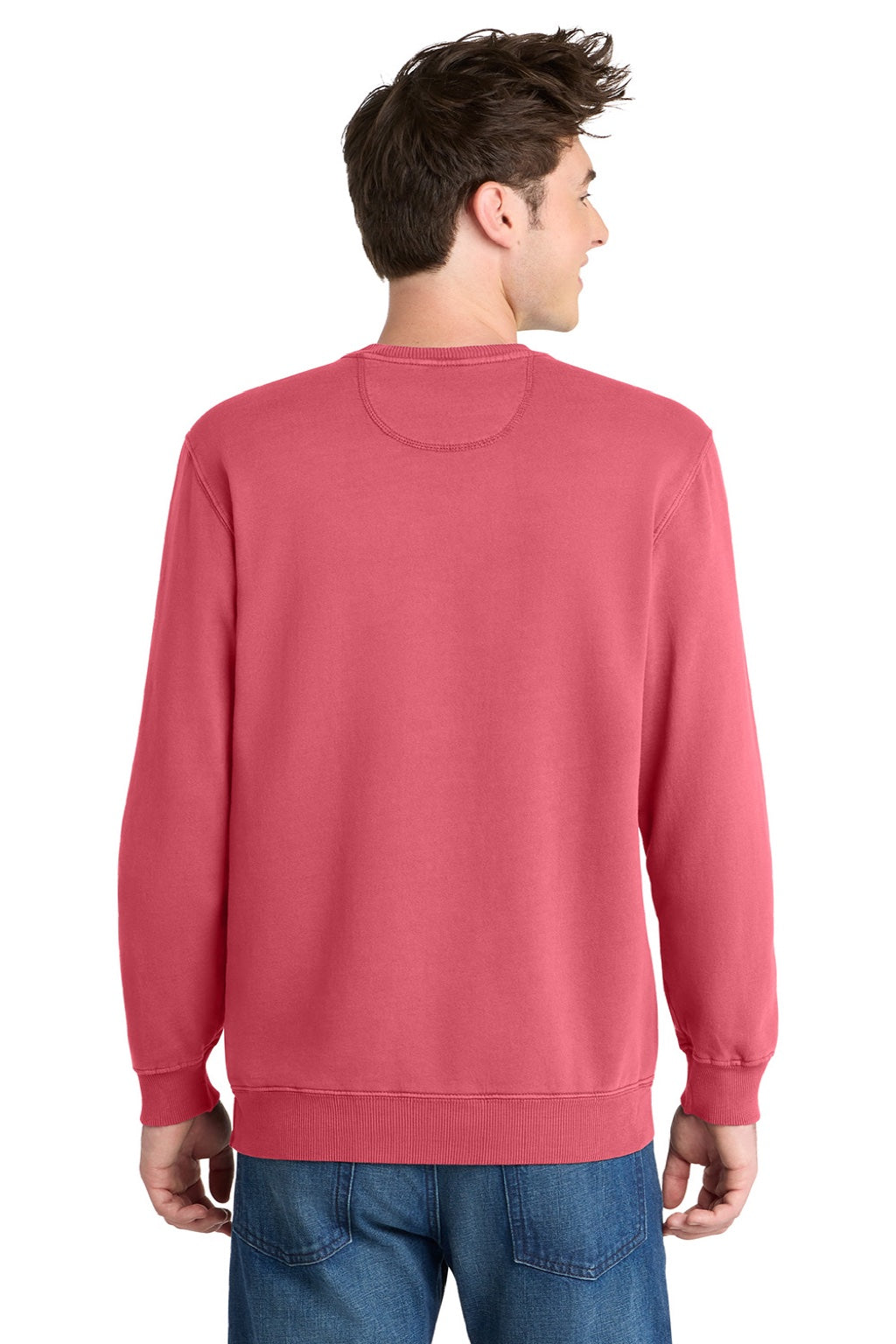 Port & Company PC098 Mens Beach Wash Fleece Crewneck Sweatshirt Fruit Punch Pink Model Back