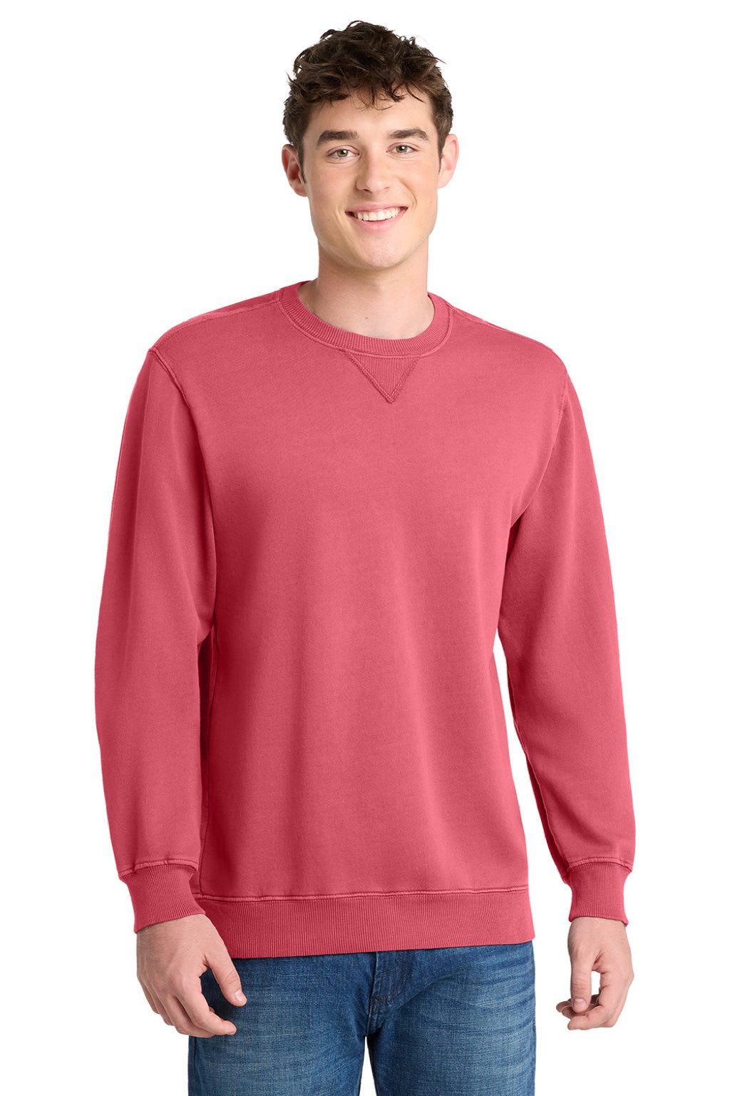 Port & Company PC098 Mens Beach Wash Fleece Crewneck Sweatshirt Fruit Punch Pink Model Front