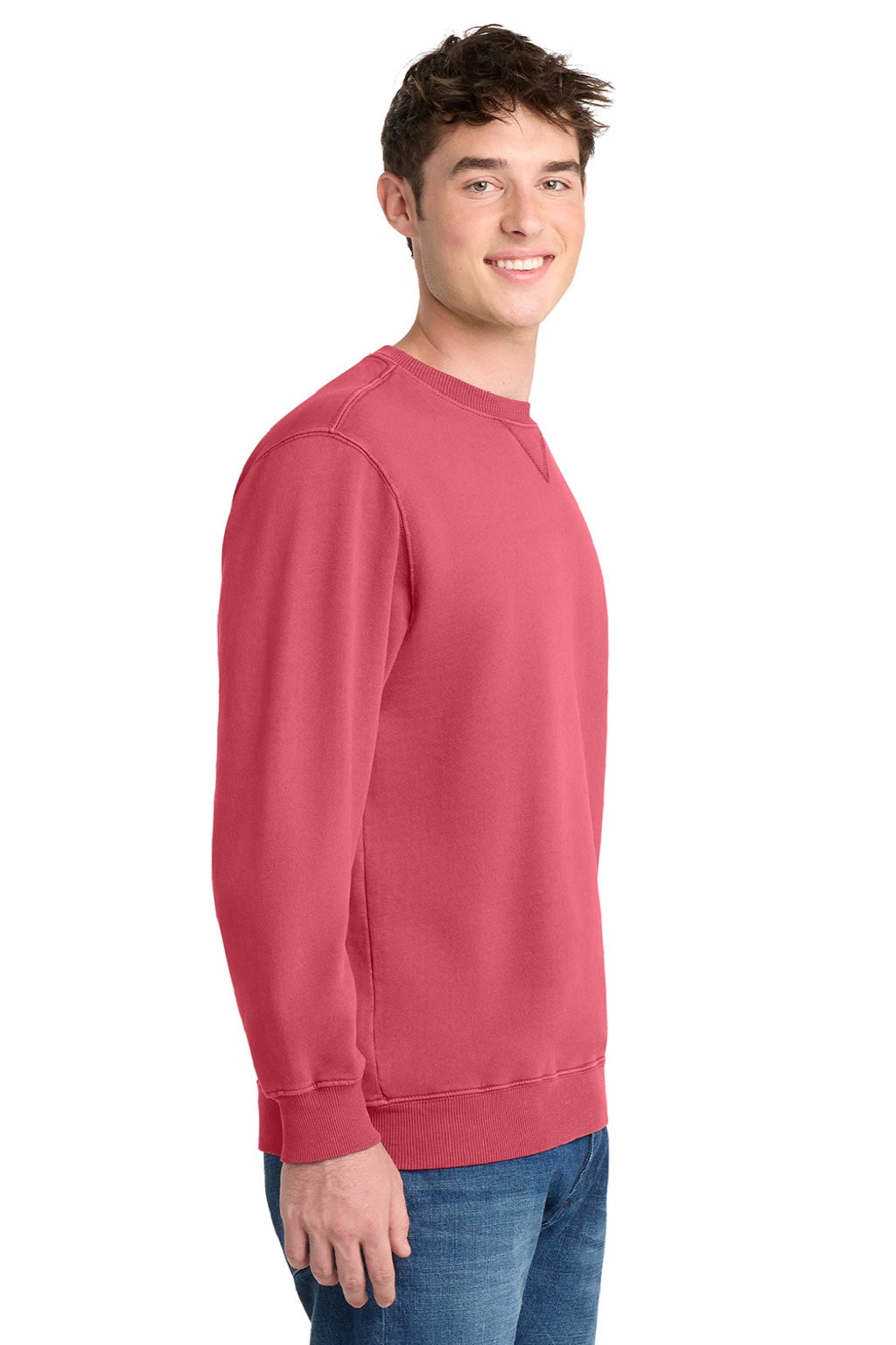 Port & Company PC098 Mens Beach Wash Fleece Crewneck Sweatshirt Fruit Punch Pink Model Side