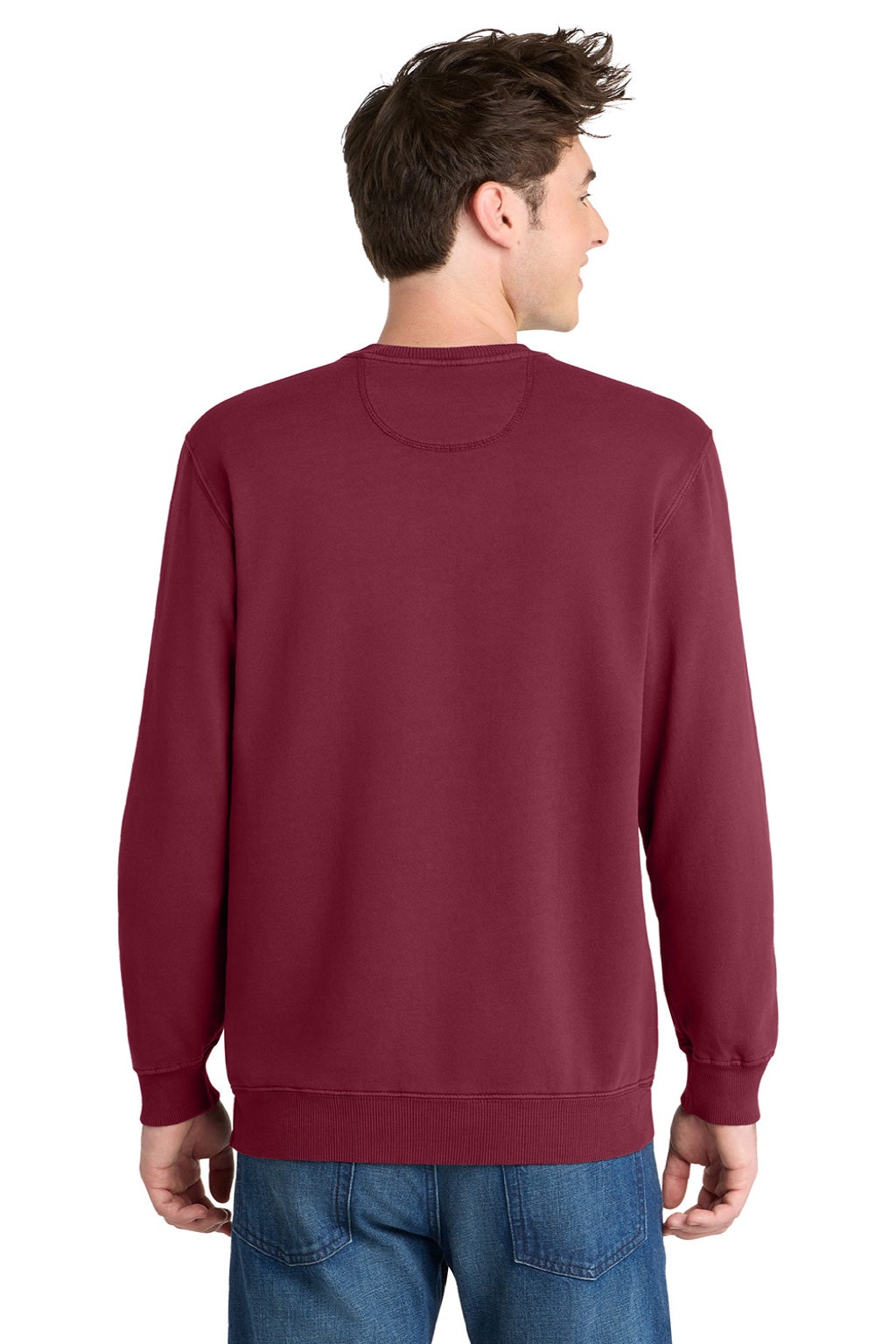 Port & Company PC098 Mens Beach Wash Fleece Crewneck Sweatshirt Merlot Red Model Back