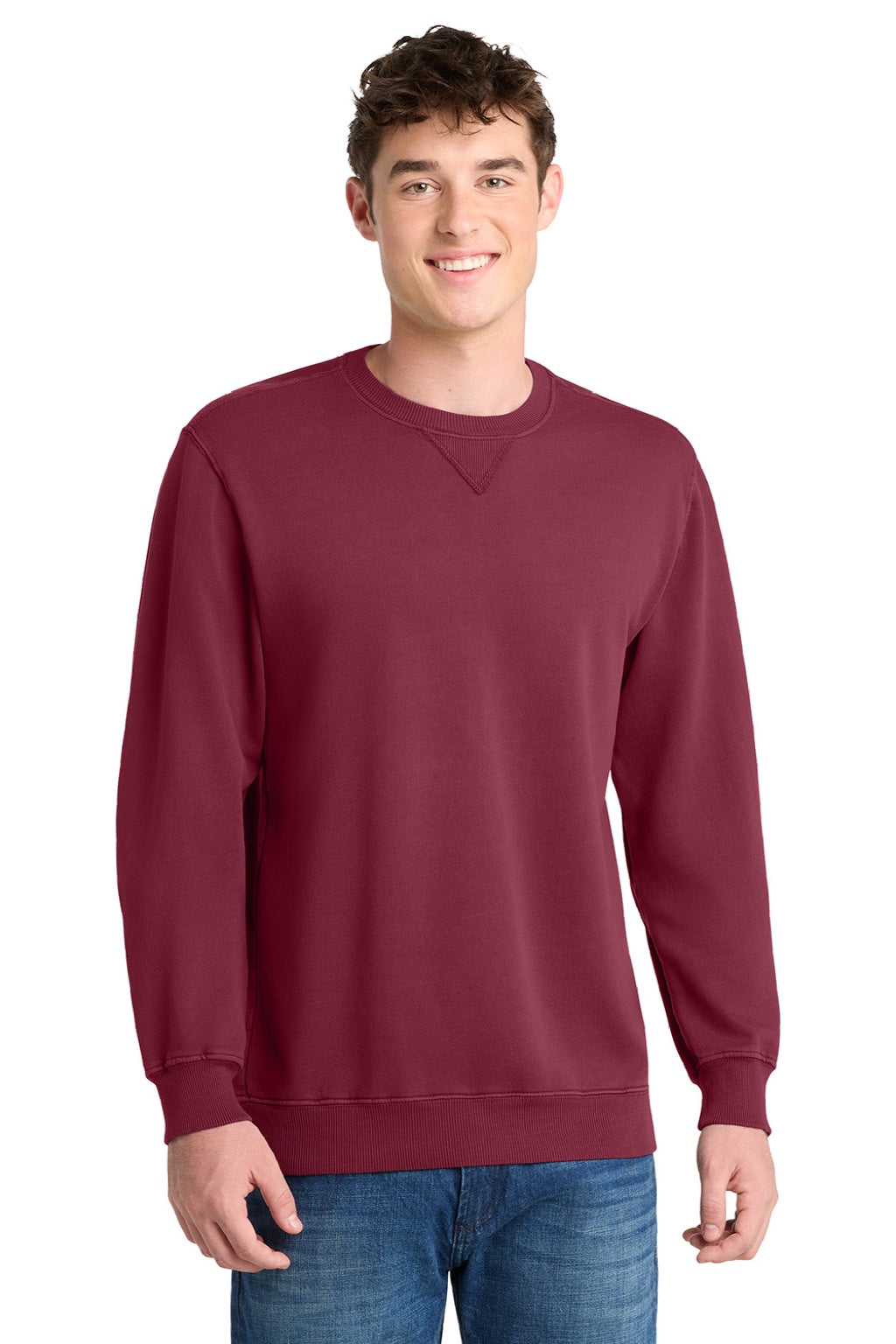 Port & Company PC098 Mens Beach Wash Fleece Crewneck Sweatshirt Merlot Red Model Front
